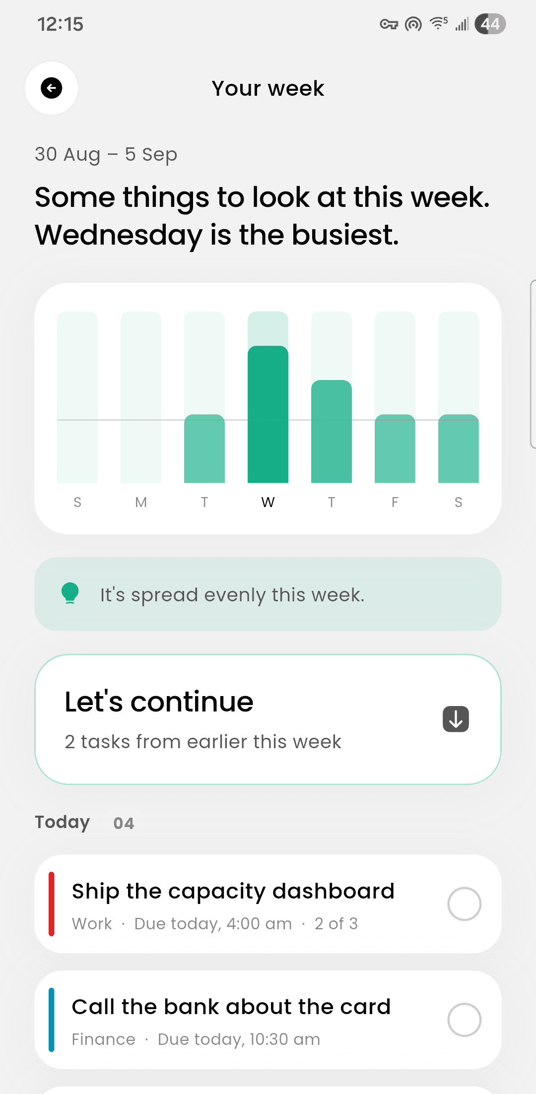 The Wielda week view, showing each day sized to its own workload